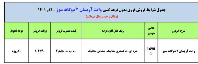 آغاز فروش فوری وانت آریسان از امروز شنبه 12 آذرماه