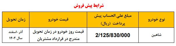 شرایط پیش فروش شاهین اعلام شد + جدول