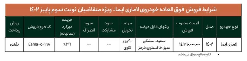 فروش فوق العاده لاماری ایما ویژه مهر 1402 آغاز شد + جزئیات