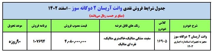 فروش نقدی وانت آریسان ویژه نوروز 1403 + جزئیات