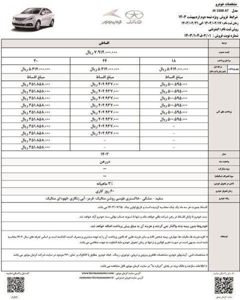 شرایط فروش اقساطی دو محصول کرمان موتور اعلام شد