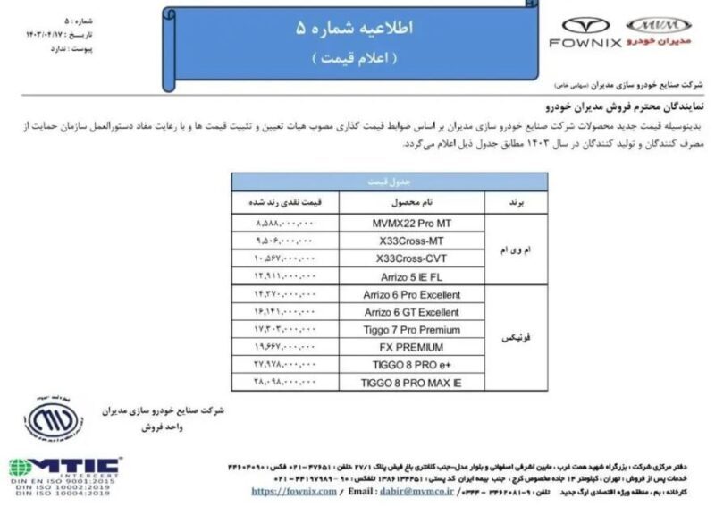 قیمت جدید 10 محصول مدیران خودرو ویژه تیر 1403