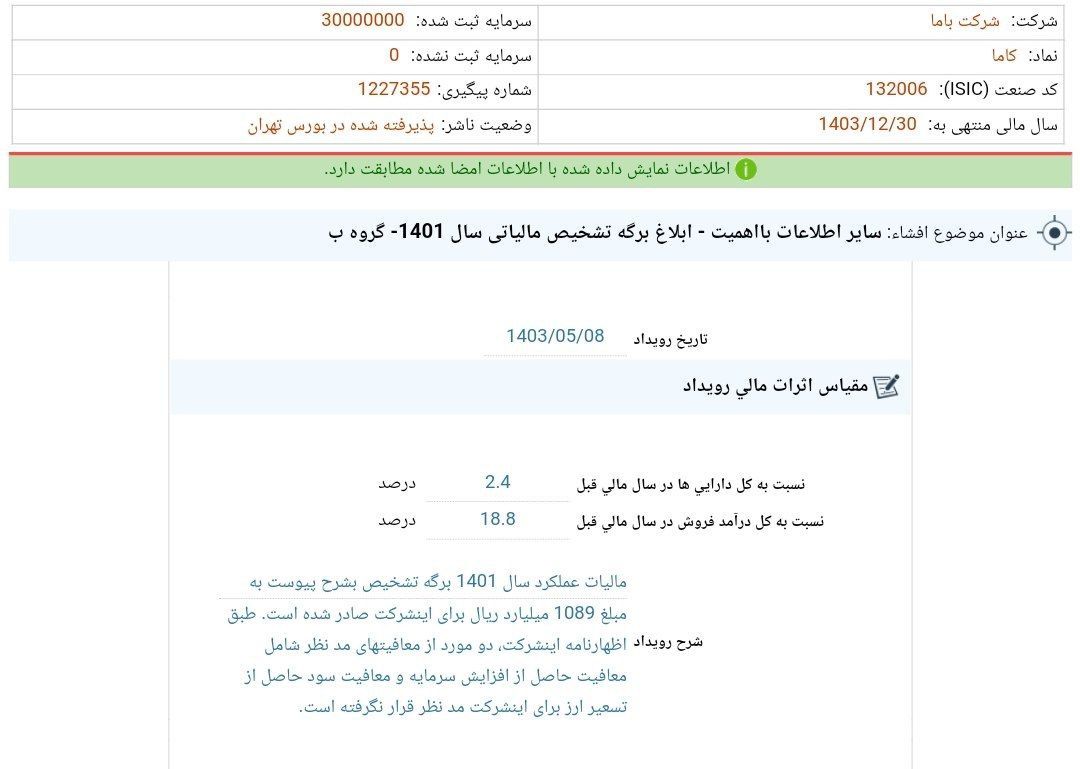 صدور برگه مالیات شرکت کاما