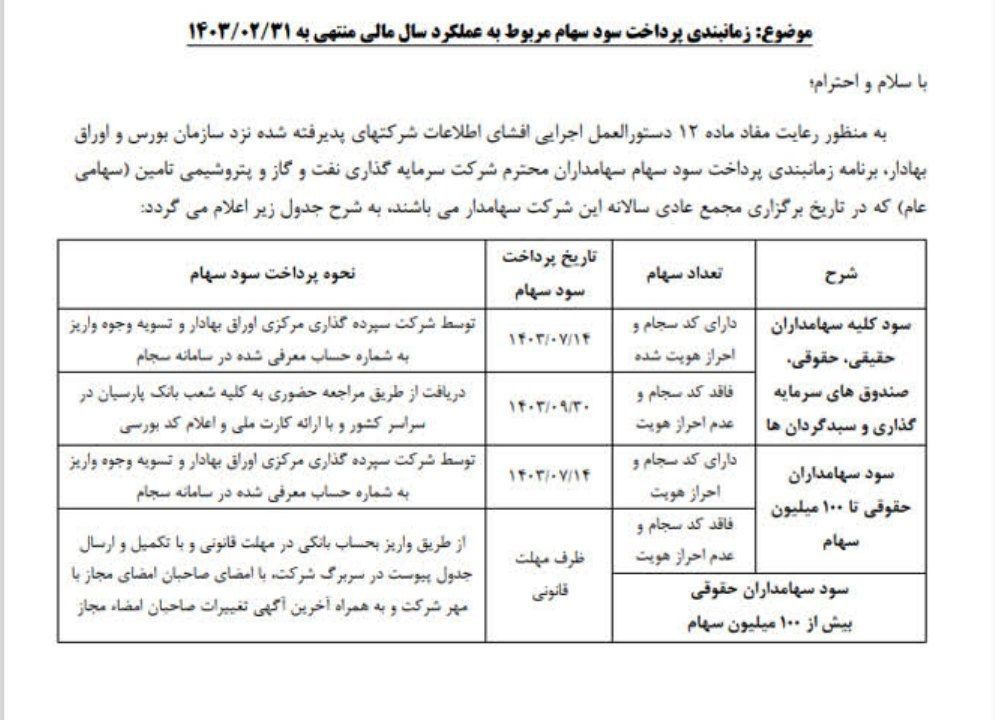 سهامداران تاپیکو بخوانند/زمان بندی پرداخت سود