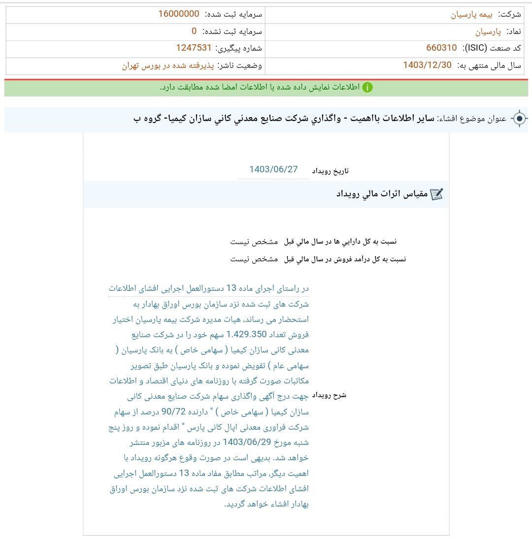 واگذاری یک شرکت توسط بیمه پارسیان