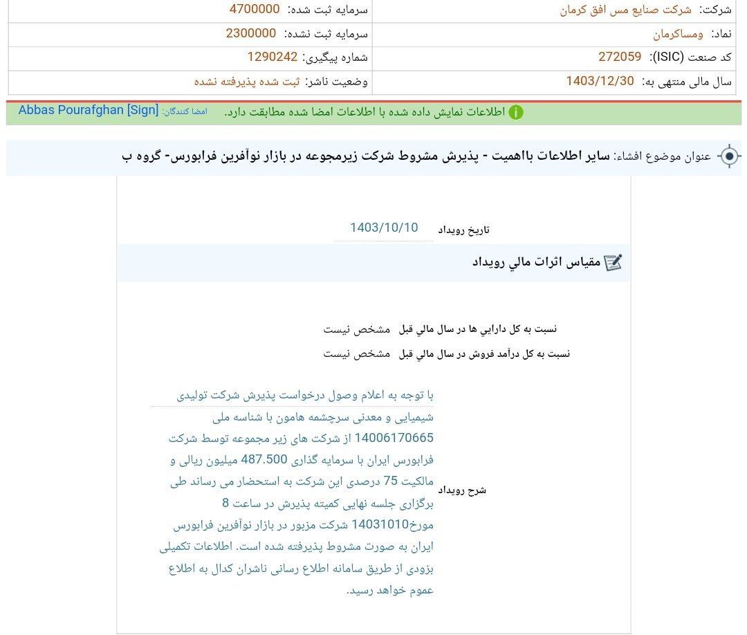 کدال فافق | پذیرش شرکت زیرمجموعه در بازار فرابورس