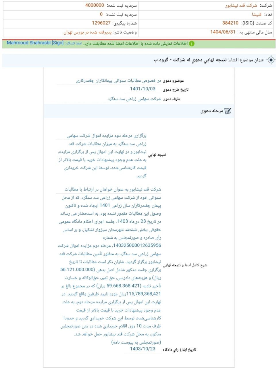 کدال قنیشا | مشخص شدن نتیجه دادگاه شرکت