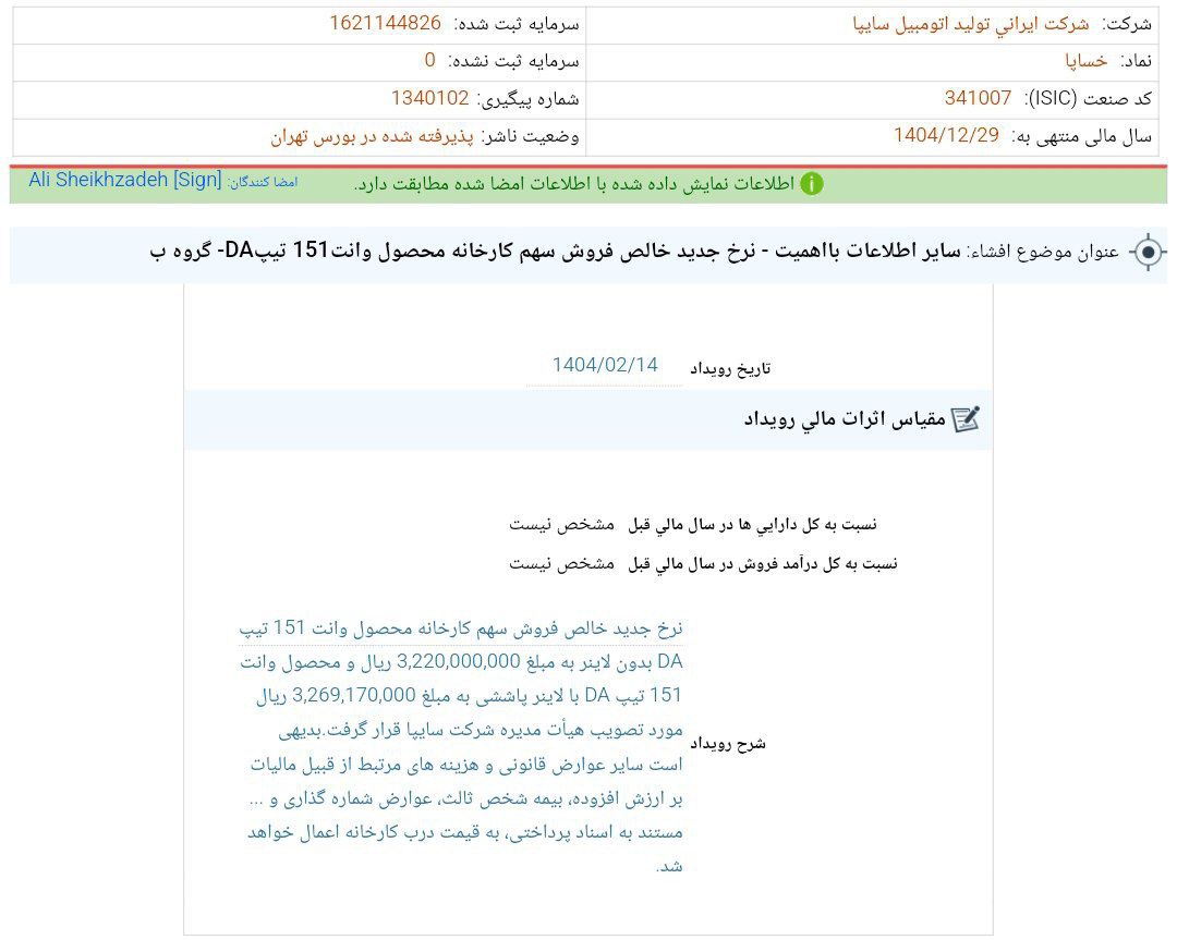 کدال خساپا مشخص شدن نرخ فروش وانت 151