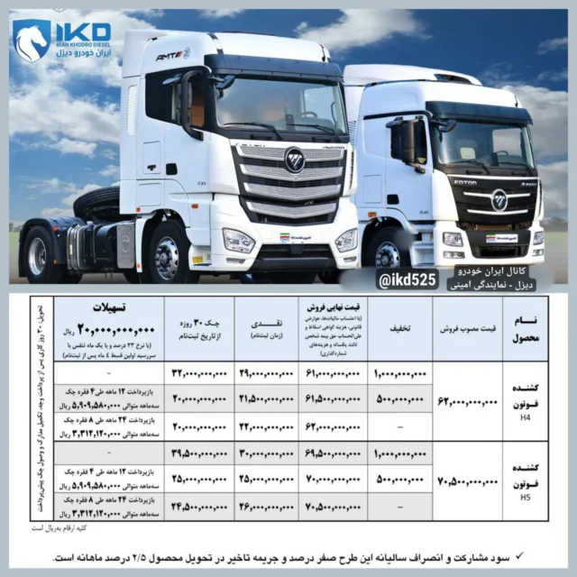 طرح جدید ایران‌ خودرو دیزل برای عرضه کامیون‌ های کشنده فوتون با قیمت قطعی
