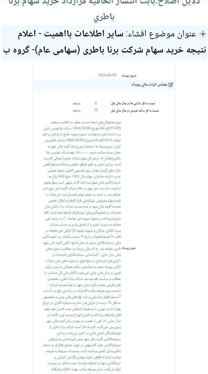 کدال شهر | خرید سهام شرکت برنا باطری