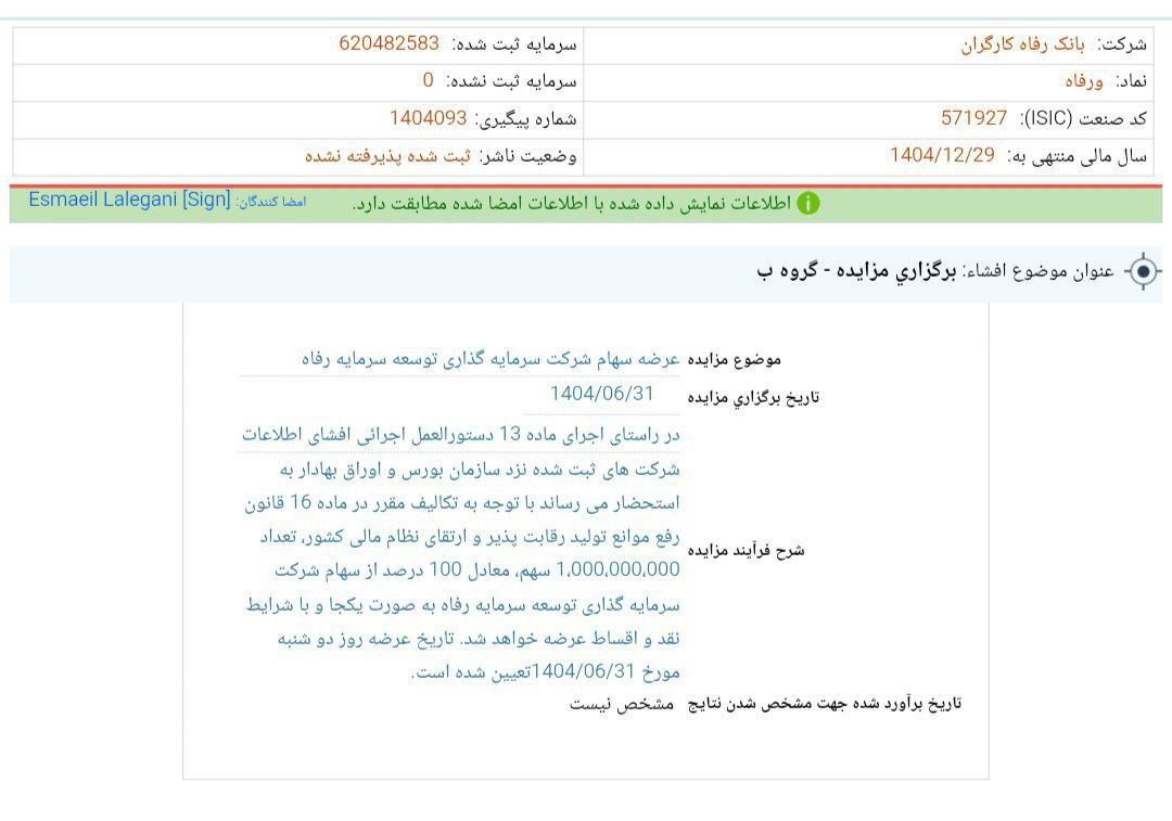 کدال بانک رفاه کارگران| برگزاری مزایده فروش سهام
