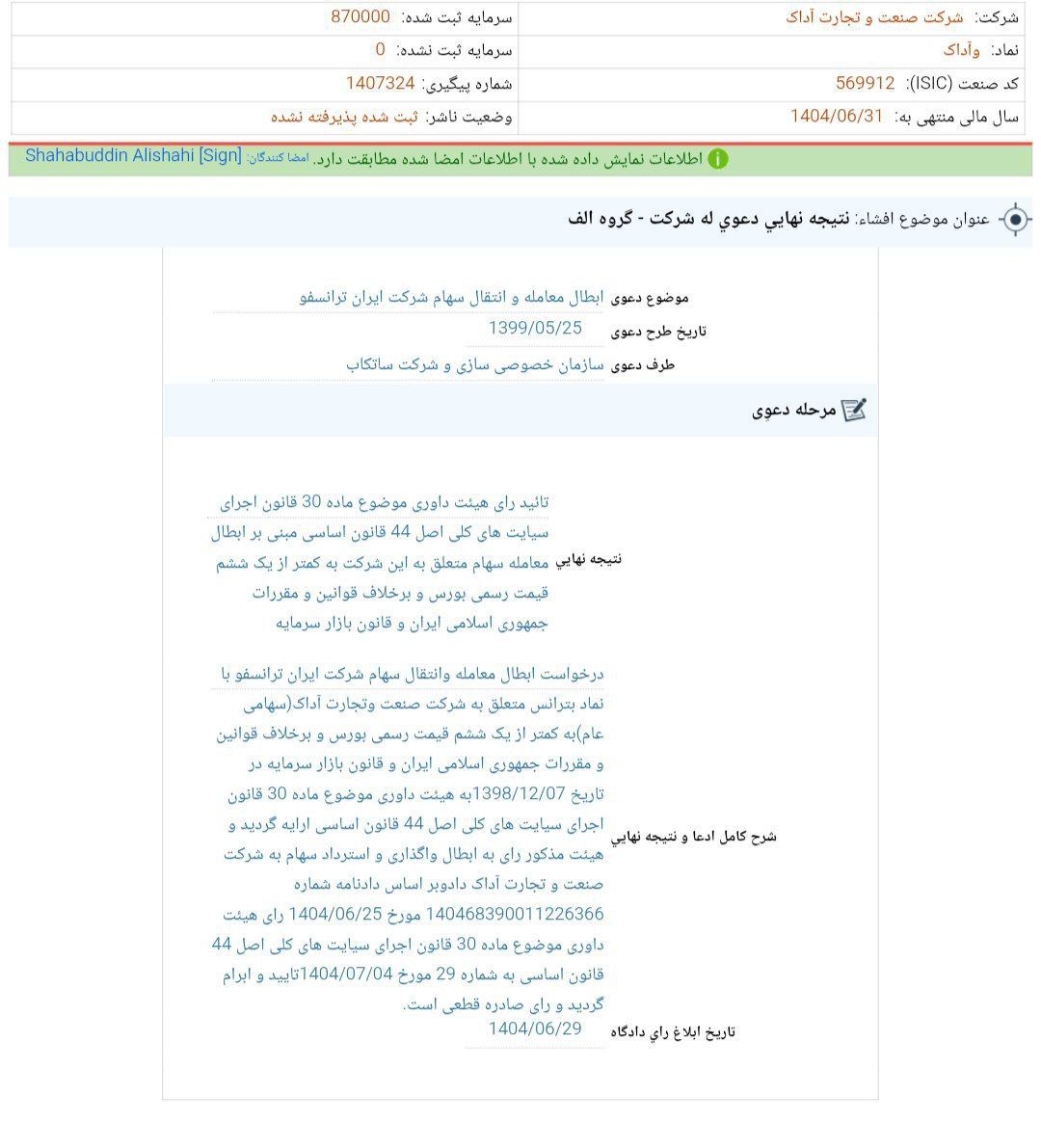 کدال آداک | ابطال معامله و بازگشت سهام شرکت