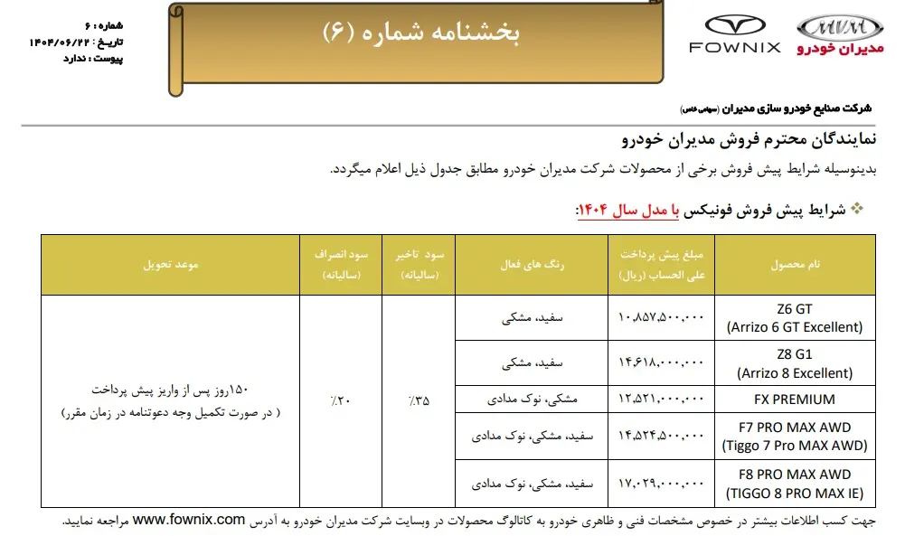 شروع فروش ویژه پنج مدل خودرو فونیکس در شهریور ۱۴۰۴ + جزئیات