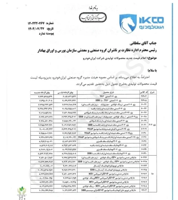 ایران‌ خودرو قیمت جدید محصولات خود را اعلام کرد + جدول