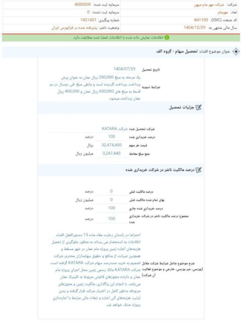 کدال مهرمام | تحصیل سهام شرکت KATARA