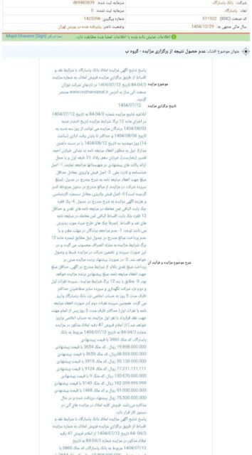 کدال بانک پاسارگاد | مزایده فروش املاک شرکت چه شد؟