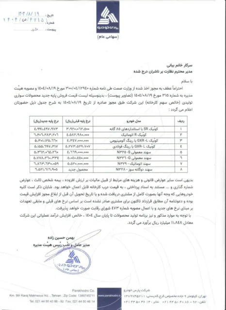 پارس خودرو قیمت جدید محصولات خود را ویژه آبان ۱۴۰۴ اعلام کرد