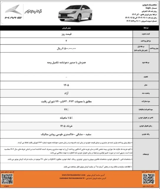 کرمان موتور شرایط فروش ویژه ۵ خودرو را اعلام کرد