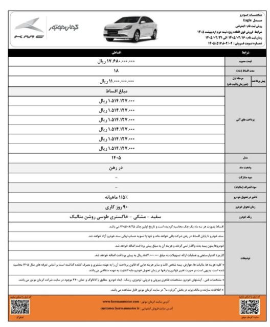 کرمان موتور شرایط جدید فروش اقساطی ۴ محصول خود را اعلام کرد